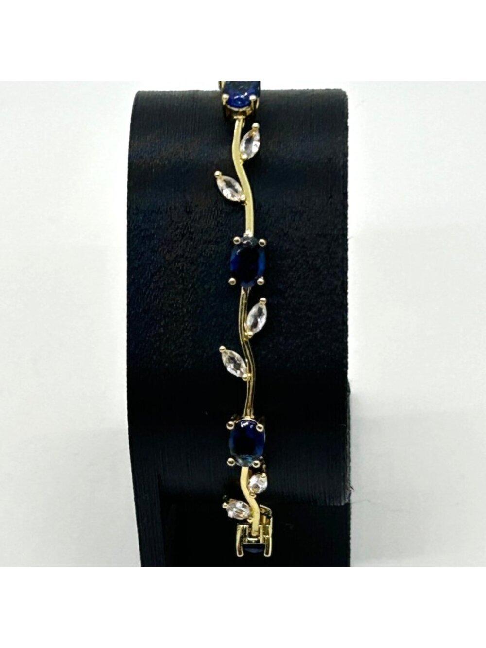 Blue Sapphire-Colored Tulip Tennis Bracelet Gold Tone Marquise Leaf Vine 6.5"